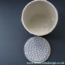 Load image into Gallery viewer, Highly Collectable 1930s Mailing Pottery Blue COBBLESTONE Lidded Storage Canister: PEAS
