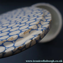 Load image into Gallery viewer, Highly Collectable 1930s Mailing Pottery Blue COBBLESTONE Lidded Storage Canister: PEAS
