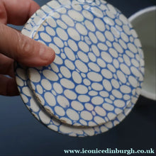 Load image into Gallery viewer, Highly Collectable 1930s Mailing Pottery Blue COBBLESTONE Lidded Storage Canister: PEAS
