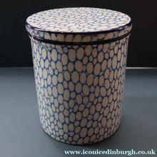 Load image into Gallery viewer, Highly Collectable 1930s Mailing Pottery Blue COBBLESTONE Lidded Storage Canister: PEAS
