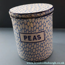 Load image into Gallery viewer, Highly Collectable 1930s Mailing Pottery Blue COBBLESTONE Lidded Storage Canister: PEAS

