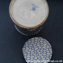 Load image into Gallery viewer, Highly Collectable 1930s Mailing Pottery Blue COBBLESTONE Lidded Storage Canister: RICE
