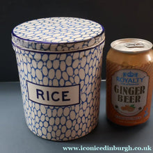 Load image into Gallery viewer, Highly Collectable 1930s Mailing Pottery Blue COBBLESTONE Lidded Storage Canister: RICE
