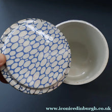 Load image into Gallery viewer, Highly Collectable 1930s Mailing Pottery Blue COBBLESTONE Lidded Storage Canister: RICE
