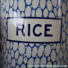 Load image into Gallery viewer, Highly Collectable 1930s Mailing Pottery Blue COBBLESTONE Lidded Storage Canister: RICE
