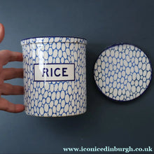 Load image into Gallery viewer, Highly Collectable 1930s Mailing Pottery Blue COBBLESTONE Lidded Storage Canister: RICE
