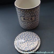 Load image into Gallery viewer, Highly Collectable 1930s Mailing Pottery Blue COBBLESTONE Lidded Storage Canister: RICE

