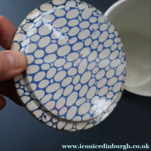 Load image into Gallery viewer, Highly Collectable 1930s Mailing Pottery Blue COBBLESTONE Lidded Storage Canister: RICE

