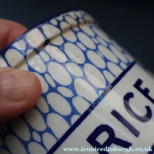 Load image into Gallery viewer, Highly Collectable 1930s Mailing Pottery Blue COBBLESTONE Lidded Storage Canister: RICE
