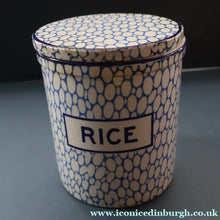 Load image into Gallery viewer, Highly Collectable 1930s Mailing Pottery Blue COBBLESTONE Lidded Storage Canister: RICE
