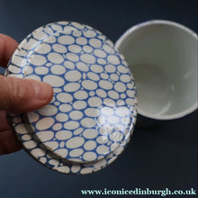 Load image into Gallery viewer, Highly Collectable 1930s Mailing Pottery Blue COBBLESTONE Lidded Storage Canister: RICE

