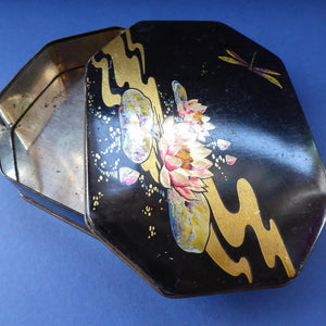 Rare 1920s Early Art Nouveau Toffee Tin by HORNER. Lid Decorated with Waterlilies and Dragonfly Motif