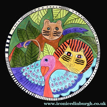 Load image into Gallery viewer, Huge &amp; Rare Giant Laurel Burch Cat / Jungle Design Wall Plaque or Charger. Dated 1998. 16 inches
