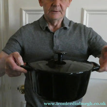 Load image into Gallery viewer, LARGE Vintage Black Enamel Cast Iron Lidded Casserole Pot
