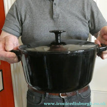 Load image into Gallery viewer, LARGE Vintage Black Enamel Cast Iron Lidded Casserole Pot
