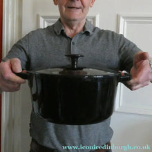 Load image into Gallery viewer, LARGE Vintage Black Enamel Cast Iron Lidded Casserole Pot
