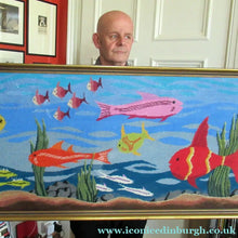 Load image into Gallery viewer, Quirky Vintage Textle Needlepoint 1970s Embroidery of Tropical Fish in an Aquarium
