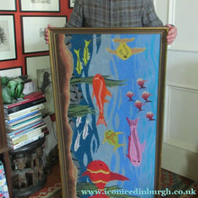 Load image into Gallery viewer, Quirky Vintage Textle Needlepoint 1970s Embroidery of Tropical Fish in an Aquarium
