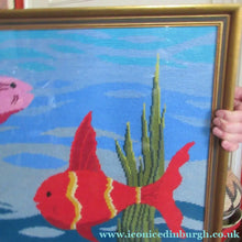 Load image into Gallery viewer, Quirky Vintage Textle Needlepoint 1970s Embroidery of Tropical Fish in an Aquarium
