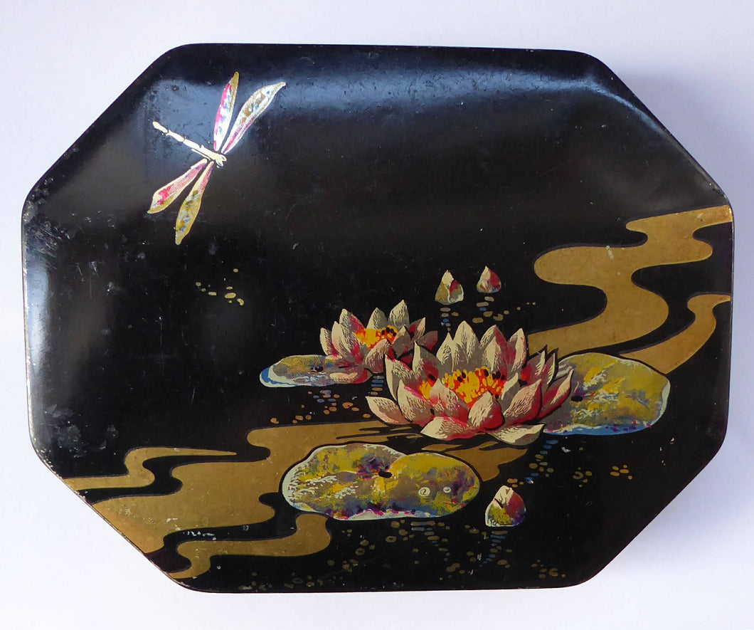 Rare 1920s Early Art Nouveau Toffee Tin by HORNER. Lid Decorated with Waterlilies and Dragonfly Motif