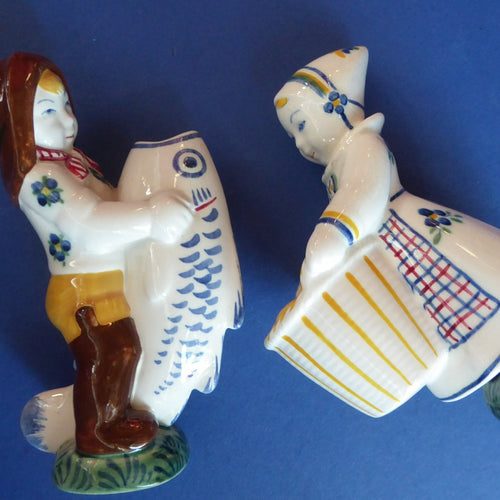 ALUMINIA Royal Copenhagen 1940s Child Welfare Figurine, Signed JUS. Pair Boy Carrying Fish & Girl Carrying a Creel