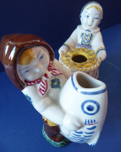 ALUMINIA Royal Copenhagen 1940s Child Welfare Figurine, Signed JUS. Pair Boy Carrying Fish & Girl Carrying a Creel