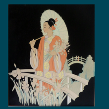 Load image into Gallery viewer, Genuine 1930s ART DECO Watercolour. Japanese Lady in a Garden, Carrying a Parasol. Signed and Dated 1933

