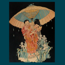 Load image into Gallery viewer, Genuine 1930s ART DECO Watercolour. Japanese Lady and Two Children Sheltering under a Parasol. Signed and Dated 1933
