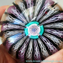 Load image into Gallery viewer, JOHN DEACONS Paperweight with Multitude of Vertical Latticino Canes. 2011 Date Cane on Base Media 1 of 17
