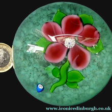 Load image into Gallery viewer, Pink Floral Lampwork Paperweight on Green Ground with JOHN DEACONS Cane
