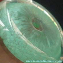 Load image into Gallery viewer, SCOTTISH GLASS. Pink Floral Lampwork Paperweight on Green Ground with JOHN DEACONS Cane - Scottish Paperweight

