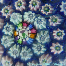 Load image into Gallery viewer, SCOTTISH GLASS. Vintage JOHN DEACONS Perfume Bottle Blue with Millefiori Canes. Thistle Canes
