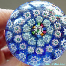Load image into Gallery viewer, SCOTTISH GLASS. Vintage JOHN DEACONS Perfume Bottle Blue with Millefiori Canes. Thistle Canes
