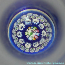 Load image into Gallery viewer, SCOTTISH GLASS. Vintage JOHN DEACONS Perfume Bottle Blue with Millefiori Canes. Thistle Canes
