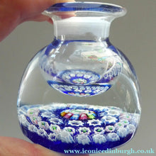 Load image into Gallery viewer, SCOTTISH GLASS. Vintage JOHN DEACONS Perfume Bottle Blue with Millefiori Canes. Thistle Canes
