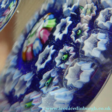 Load image into Gallery viewer, SCOTTISH GLASS. Vintage JOHN DEACONS Perfume Bottle Blue with Millefiori Canes. Thistle Canes
