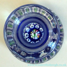 Load image into Gallery viewer, SCOTTISH GLASS. Vintage JOHN DEACONS Perfume Bottle Blue with Millefiori Canes. Thistle Canes
