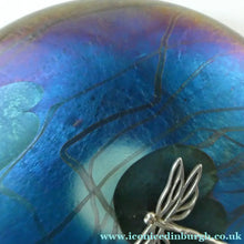 Load image into Gallery viewer, GLASFORM Paperweight by John Ditchfield. Iridescent Lily Pad with Silver Dragonfly Embellishment
