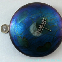 Load image into Gallery viewer, GLASFORM Paperweight by John Ditchfield. Iridescent Lily Pad with Silver Dragonfly Embellishment

