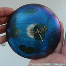Load image into Gallery viewer, GLASFORM Paperweight by John Ditchfield. Iridescent Lily Pad with Silver Dragonfly Embellishment
