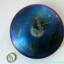 Load image into Gallery viewer, GLASFORM Paperweight by John Ditchfield. Iridescent Lily Pad with Silver Dragonfly Embellishment
