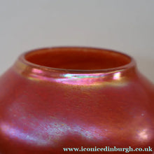 Load image into Gallery viewer, JOHN DITCHFIELD Glasform Tall Vase. Pink with Gold Lustre and Feathered Stripe Trails. Signed and with Paper Label. 8 1/4 inches

