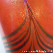 Load image into Gallery viewer, JOHN DITCHFIELD Glasform Tall Vase. Pink with Gold Lustre and Feathered Stripe Trails. Signed and with Paper Label. 8 1/4 inches

