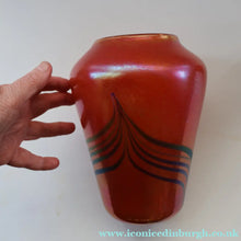 Load image into Gallery viewer, JOHN DITCHFIELD Glasform Tall Vase. Pink with Gold Lustre and Feathered Stripe Trails. Signed and with Paper Label. 8 1/4 inches

