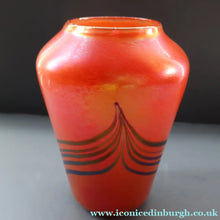 Load image into Gallery viewer, JOHN DITCHFIELD Glasform Tall Vase. Pink with Gold Lustre and Feathered Stripe Trails. Signed and with Paper Label. 8 1/4 inches

