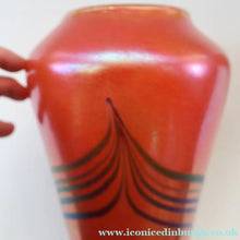 Load image into Gallery viewer, JOHN DITCHFIELD Glasform Tall Vase. Pink with Gold Lustre and Feathered Stripe Trails. Signed and with Paper Label. 8 1/4 inches


