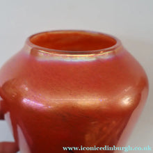 Load image into Gallery viewer, JOHN DITCHFIELD Glasform Tall Vase. Pink with Gold Lustre and Feathered Stripe Trails. Signed and with Paper Label. 8 1/4 inches

