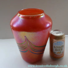 Load image into Gallery viewer, JOHN DITCHFIELD Glasform Tall Vase. Pink with Gold Lustre and Feathered Stripe Trails. Signed and with Paper Label. 8 1/4 inches

