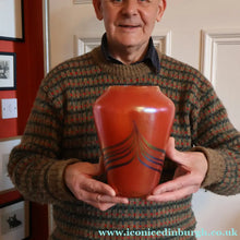Load image into Gallery viewer, JOHN DITCHFIELD Glasform Tall Vase. Pink with Gold Lustre and Feathered Stripe Trails. Signed and with Paper Label. 8 1/4 inches

