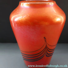 Load image into Gallery viewer, JOHN DITCHFIELD Glasform Tall Vase. Pink with Gold Lustre and Feathered Stripe Trails. Signed and with Paper Label. 8 1/4 inches

